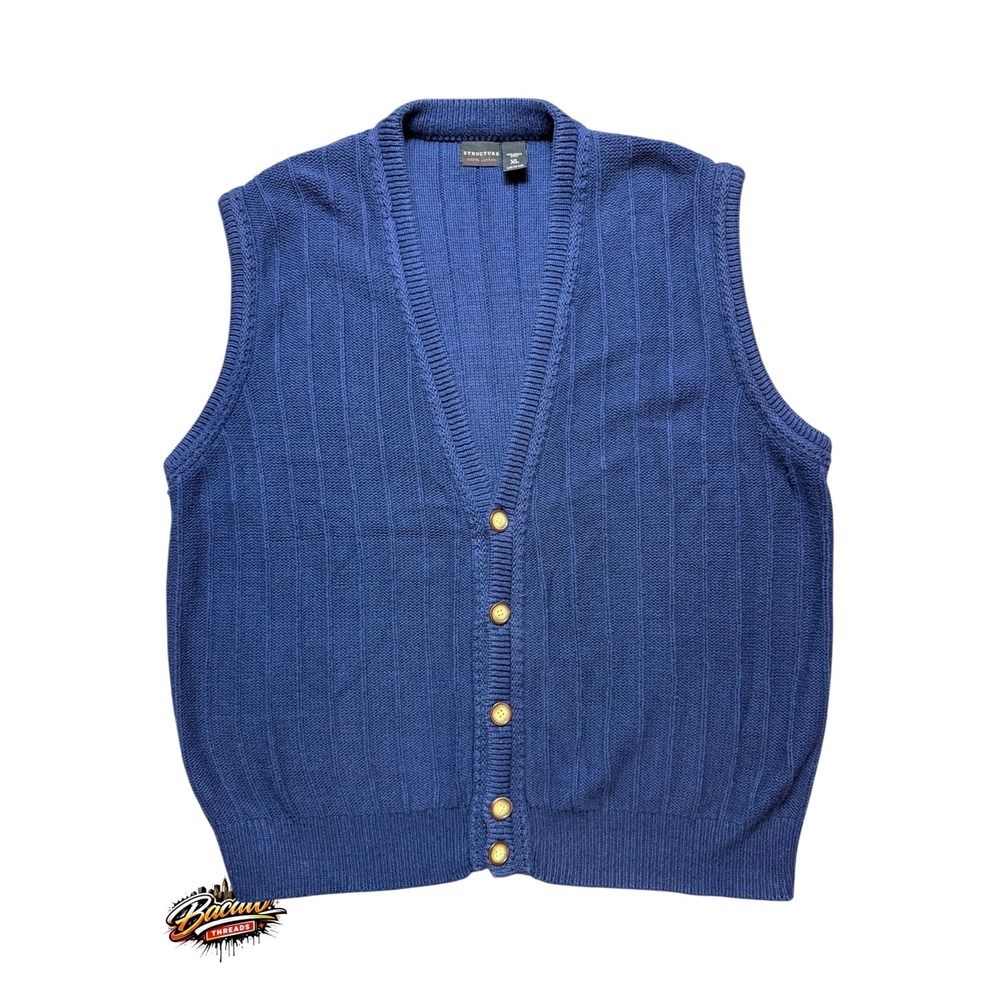 Vintage Structure 90s Mens XL Navy Blue Cotton Ribbed Knit Button Front Vest USA